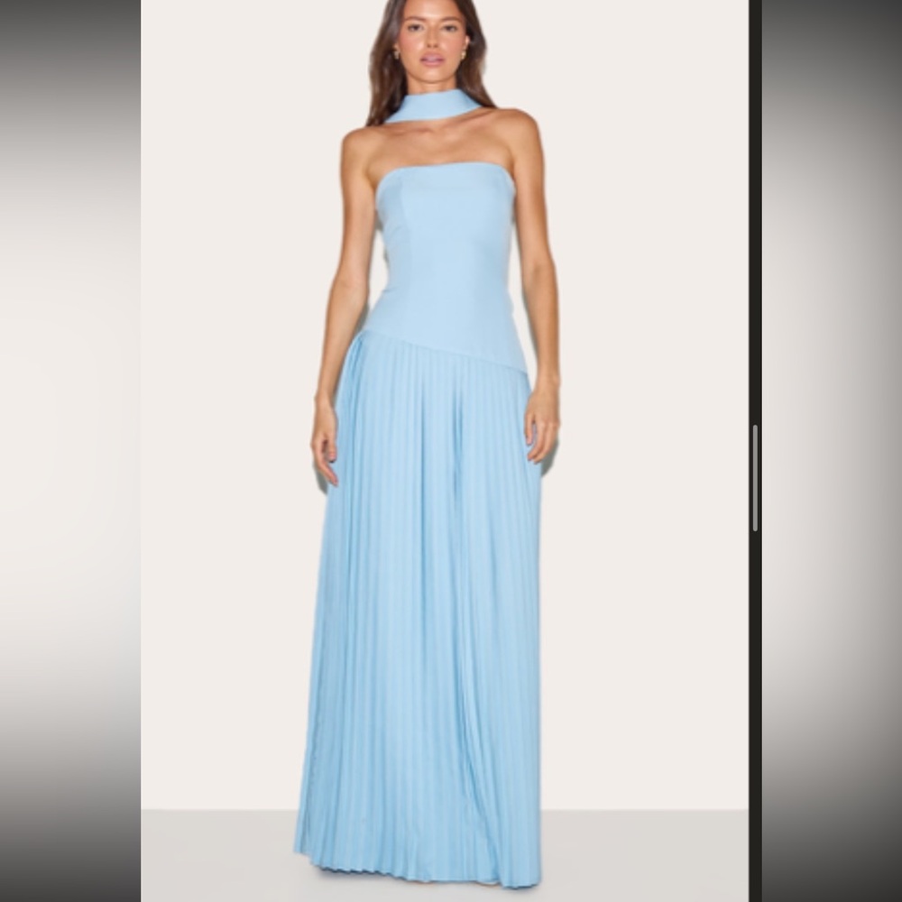 Pale Blue Woven Asymmetric Pleated Maxi Dress